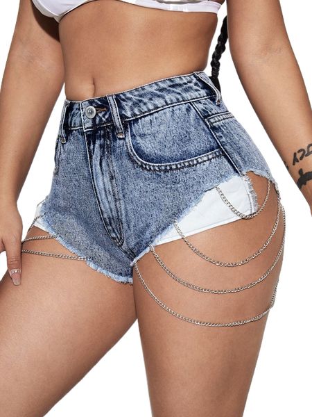 

sxy chain detail raw hem denim shorts j8zr#, White;black