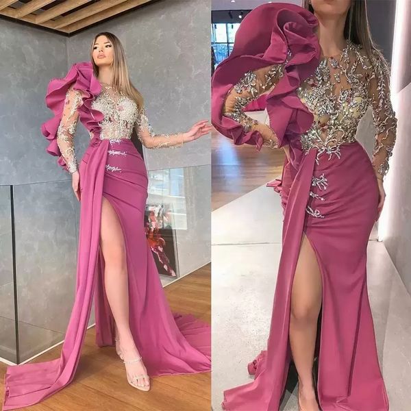 

2022 designer fuchsia prom dresses long sleeves illusion tulle sweep train lace applique mermaid high split custom made plus size evening pa, Black