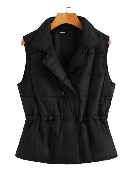 

double button front drawstring front puffer coat w57u#, Black