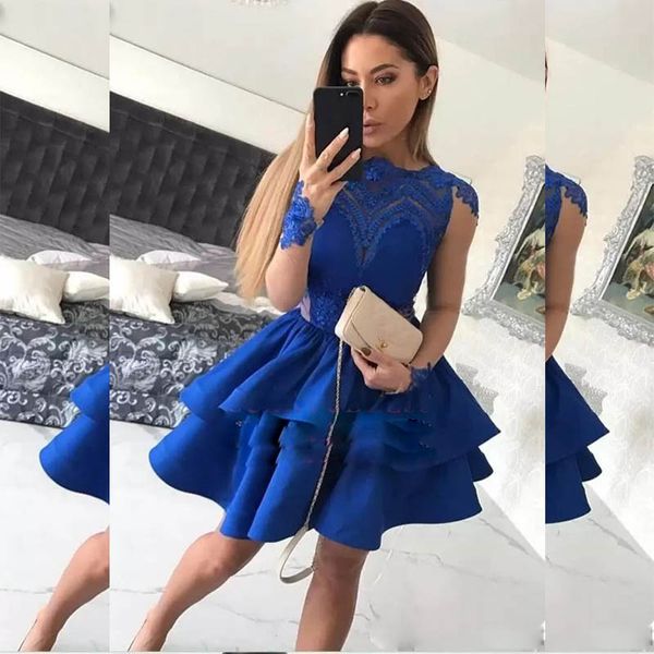 

custom royal blue appliques beading lace short cocktail prom gowns long sleeve mini prom party dresses plus size for womens club wear, Black