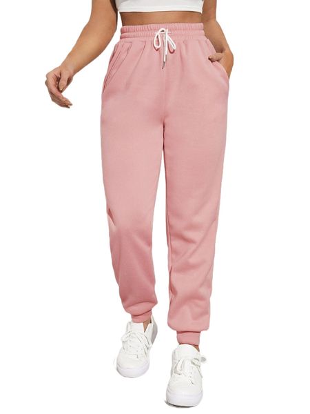 

solid drawstring waist slant pocket sweatpants e011#, Black;white
