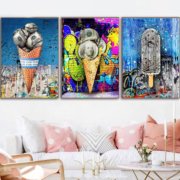 Graffiti Ice Cream Dollar Poster und Drucke kreative Gourmet -Leinwand Malerei Bilder Wandkunst für Wohnzimmer Wohnkultur