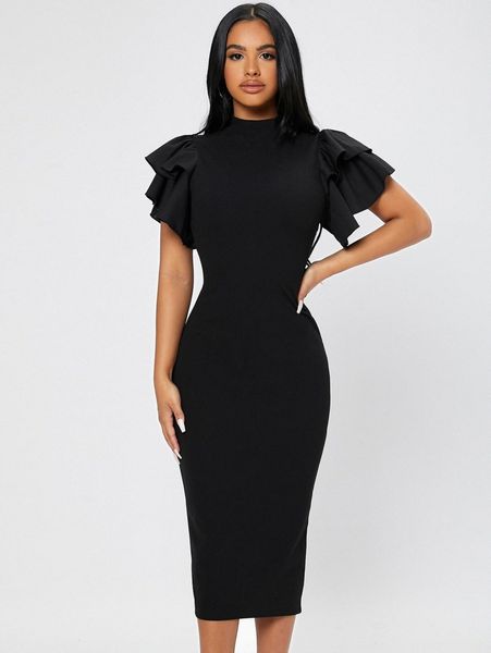 

petite mock neck butterfly sleeve split back dress q1em#, Black;gray