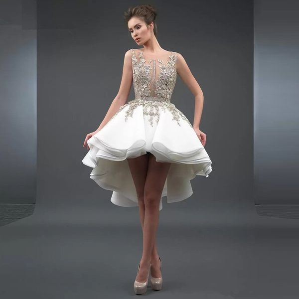 

high low a-line prom gowns white cocktail dresses lace sheer bodice organza sleeveless backless vestidos de festa, Black