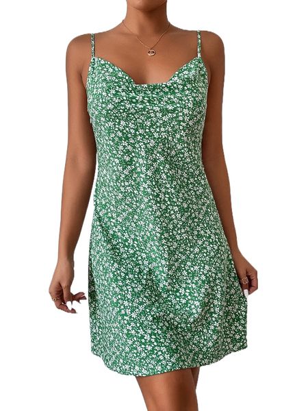 

ditsy floral print draped collar belted cami dress 08qz#, Black;gray