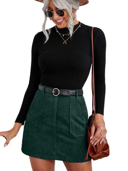 

high waist slant pocket corduroy skirt without belt c0gn#, Black