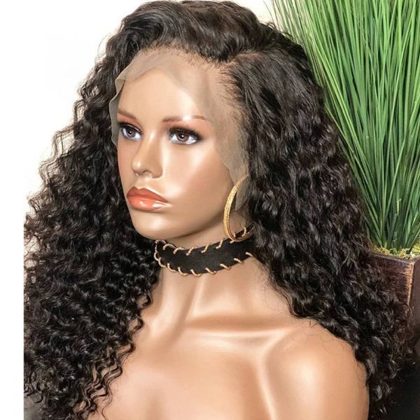 

brazilian virgin human hair deep curly lace front wig with baby hair, Black;brown