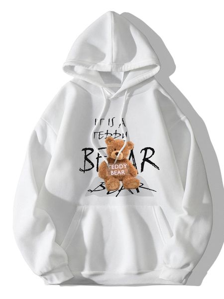 

bear and slogan graphic drawstring thermal lined hoodie z7av#, Black