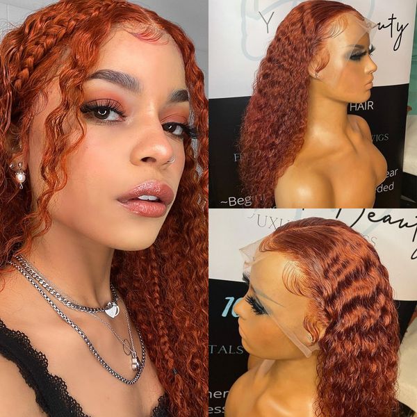 

26 inch deep curly lace front human hair wig ginger orange colored 13x4 synthetic water wave frontal wigs for women, Black