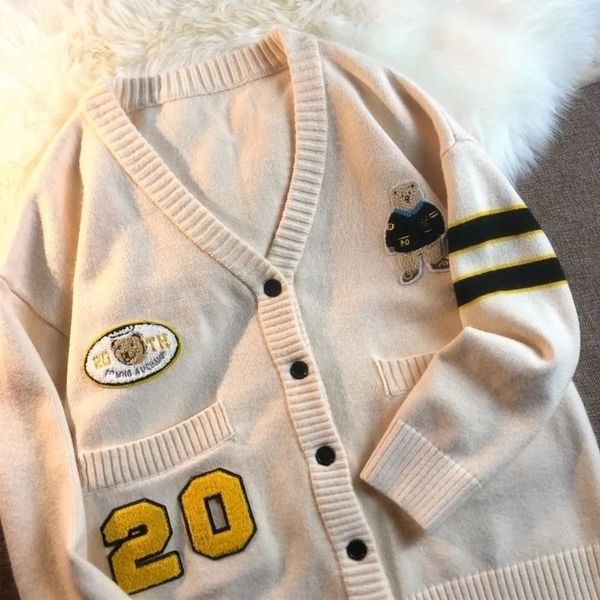 

y2k women oversized sweater cartoon embroidery knittedv neck long sleeve casual party club sweaters dresses female, White;black