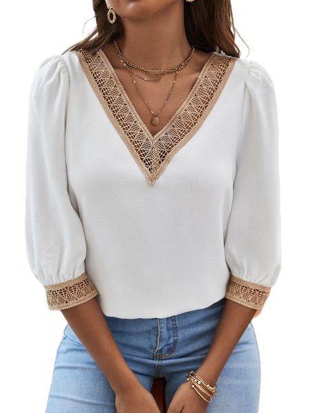 

contrast lace puff sleeve blouse b3pq#, White