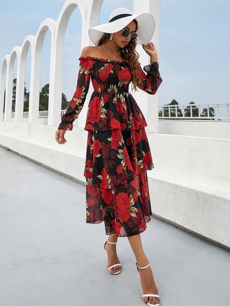 

floral bardot shirred layered dress u64o#, Black;gray