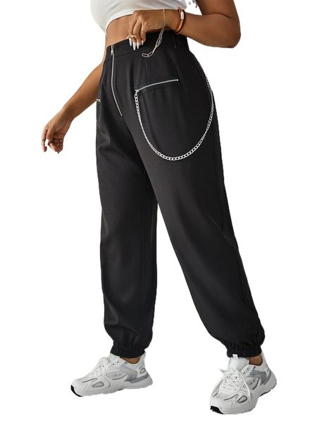 

plus zip fly chain detail pants b3h0#, Black