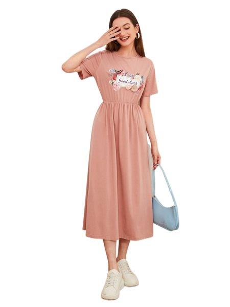 

floral and slogan graphic appliques a-line dress a80s#, Black;gray