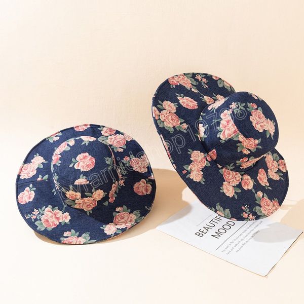 

floral mother kids hats denim caps summer beach sun hat for children girls cap big brim parent-child bucket hat, Yellow