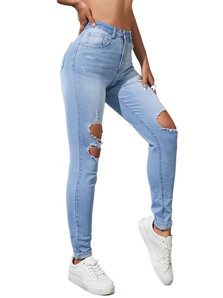 

high waist ripped skinny jeans c8lz#, Blue