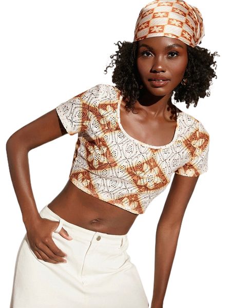 

scoop neck argyle & floral print crop tee p4gp#, White