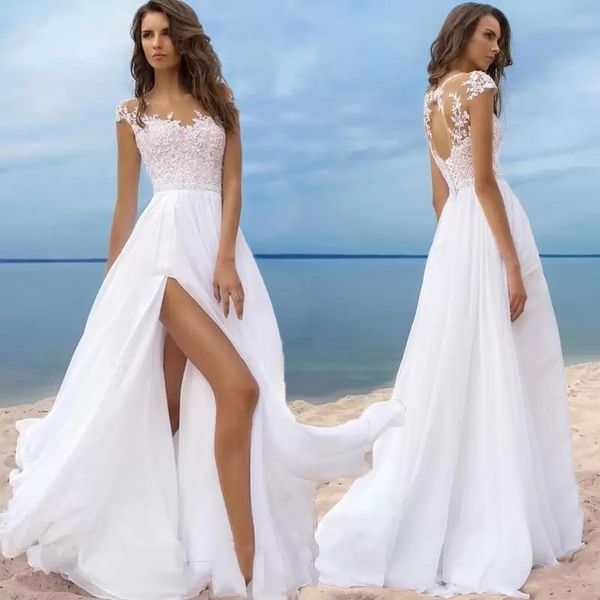 Maßgeschneidertes bescheidenes Strand-Hochzeitskleid in A-Linie für Frauen, Chiffon-Kleider, Spitze-Brautkleider