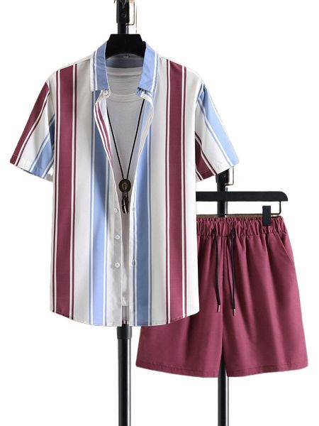 

men block striped shirt & drawstring waist shorts without tee r4vv#, Gray