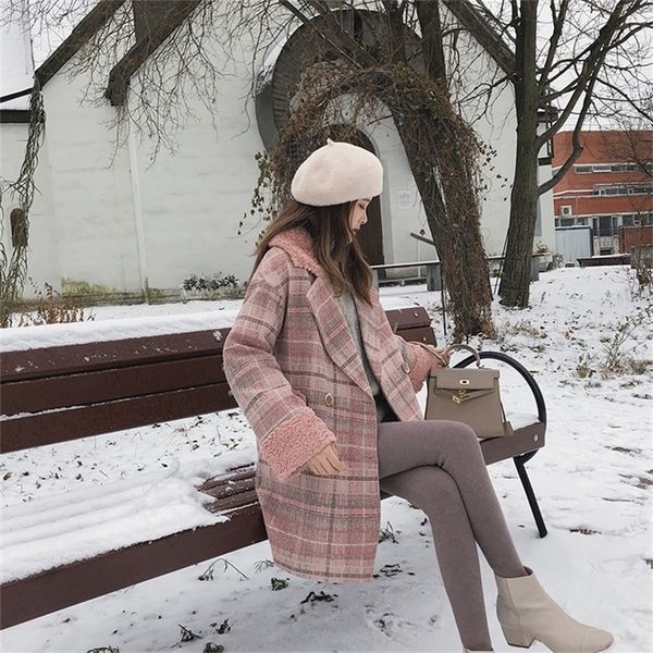 

mishow autumn winter plaid woolen coat fashion causal women turndown collar long pink coat mx18d9678 201222, Black