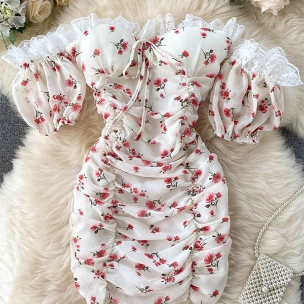 

yuoomuoo package hips ruched mini dres ins summer off shoulder lace beach dress floral print party vestidos 220516, Black;gray