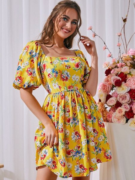 

sbetro floral print puff sleeve a-line dress o28b#, Black;gray