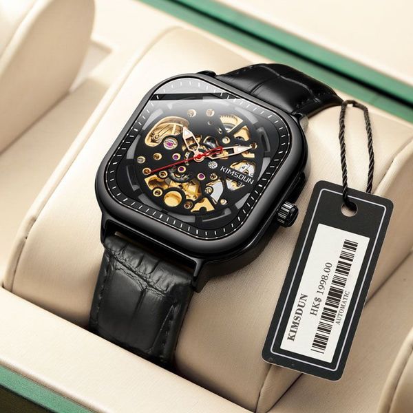 

ti-ktok live golden stylish square automaton hollowed out men's watch women's fashion watches men luxury brand, Slivery;brown