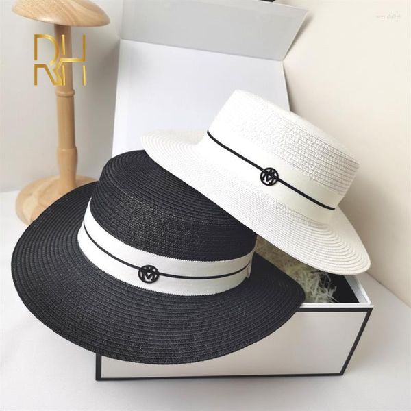 Chapéus de aba larga Primavera Summer Summer Top Straw Hat feminino clássico M Brand Beach Sun Casual Ladies Elegant Hatwide Wend22