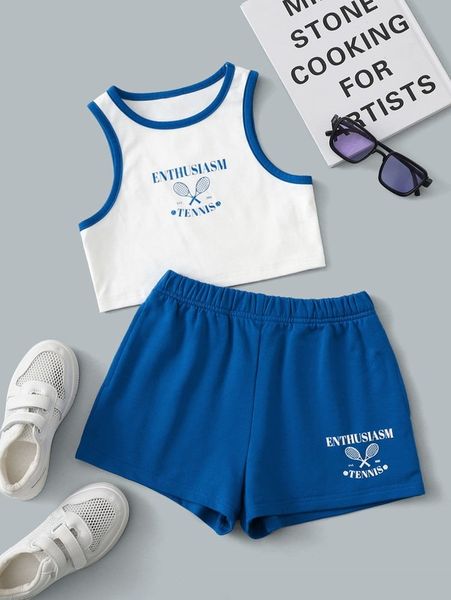 

girls letter graphic contrast binding tank & track shorts set she, White