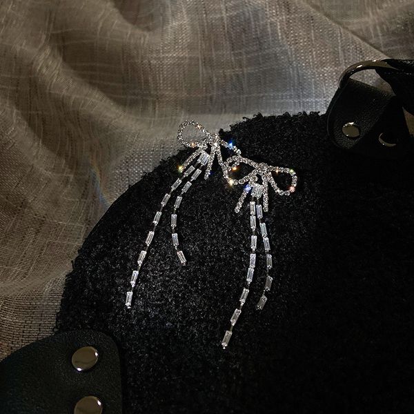 

925 silver stud rhinestone-encrusted bowknot zircon tassel simple fashion trending long earrings frosty style eardrop, Golden