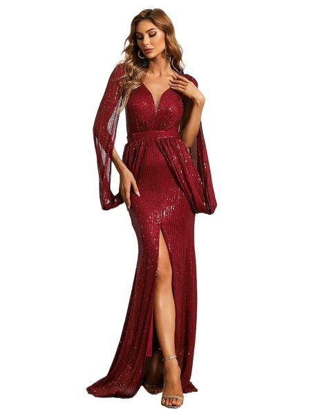 

missord slit sleeve draped side slit thigh sequin prom dress k1xa#, Black;gray