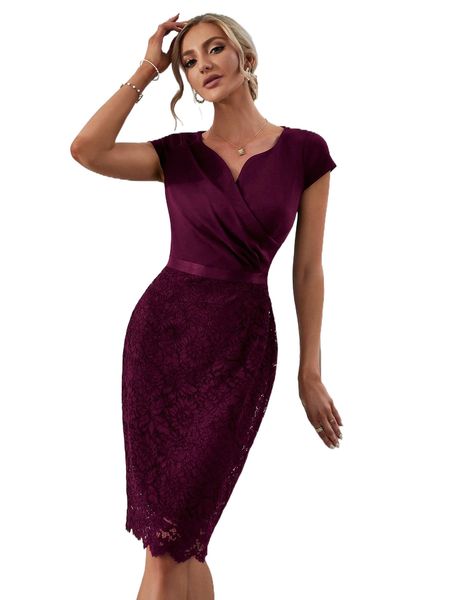 

miusol surplice neck lace hem dress p9an#, Black;gray