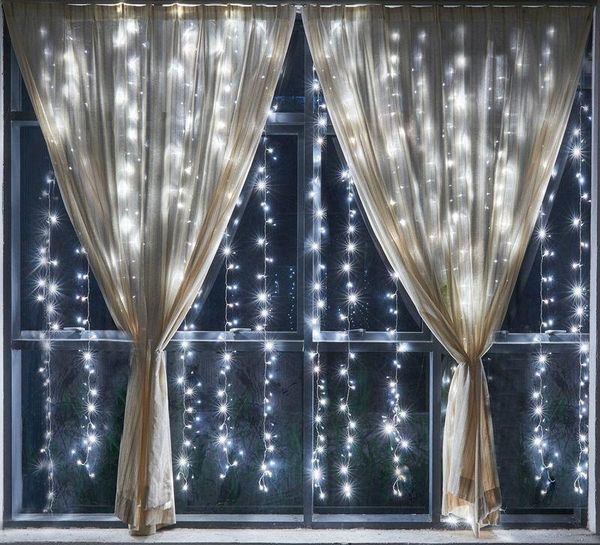 Stringhe 3Mx2M 208led Ghiacciolo Tenda Stringa Luce Fata Natale Natale Matrimonio Casa Giardino Festa Appeso Sfondo Decorazione da parete-Bianco/WWLED LED