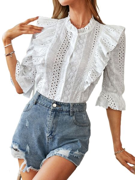 

schiffy ruffle trim button up flounce sleeve blouse l5zw#, White