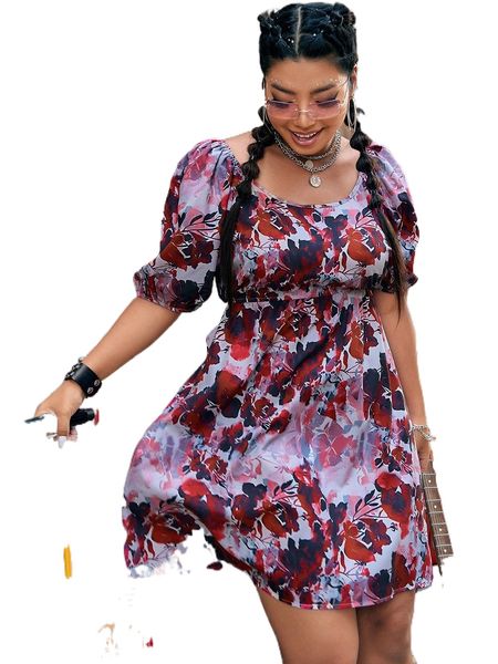 

plus all over floral print puff sleeve dress r0bm#, Black