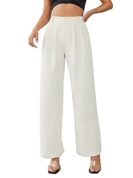 

petite high waist plicated detail wide leg pants 0539#, Black;white
