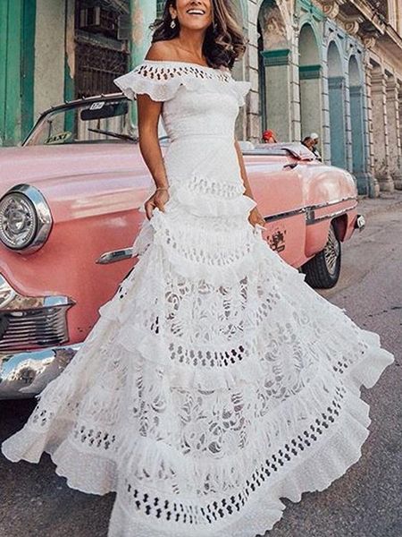 

casual dresses elegant cascading ruffles lace splicing slim dress women solid off shoulder hollow party summer waist a-line beach, Black;gray