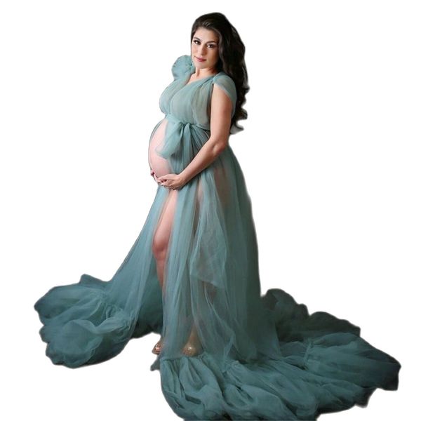 Abiti da ballo di maternità blu sexy per la fotografia Baby Shower Una linea con scollo a V Abiti di maternità di mattina Servizio fotografico Abiti di gravidanza Abito