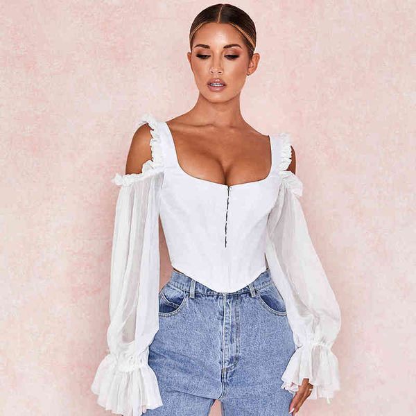

beaukey women white spaghetti strap off shoulder mesh wholesale ruffle sleeves sweet camis party club 210414