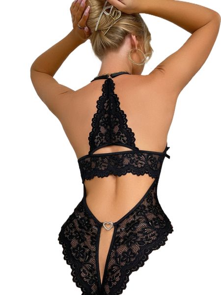

floral lace scallop trim cut-out teddy bodysuit m0dz#, Black;red