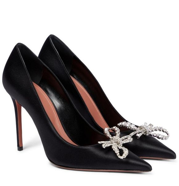 

elegant aminas/muaddis rosie embellished sandals shoes for women satin pumps crystal-studded bows stiletto-heels -- party,dress,evening, Black