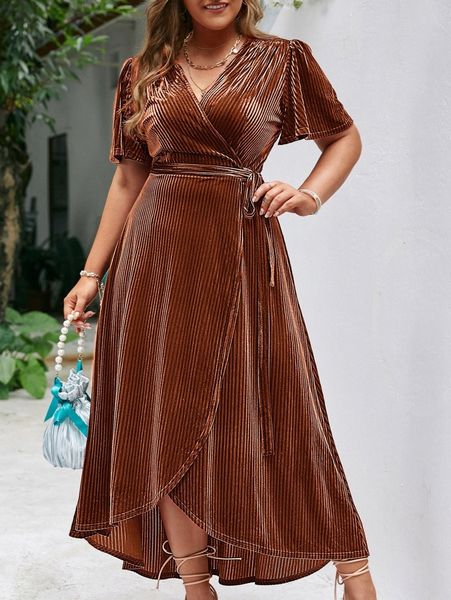 

plus flutter sleeve tie side wrap velvet dress v99o#, Black