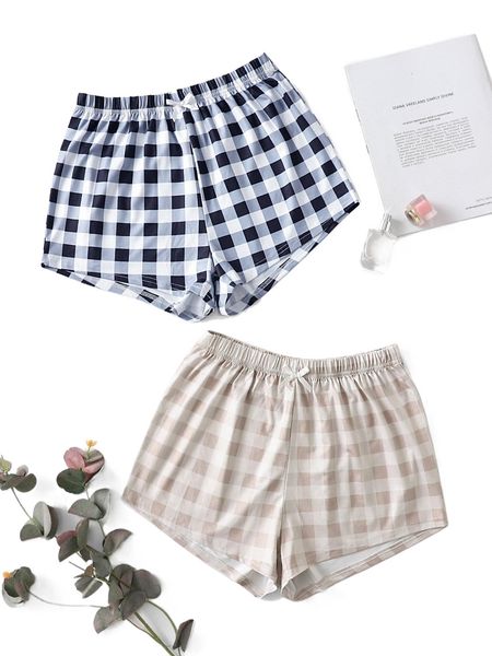 

2pcs bow detail gingham print sleep shorts 48bn#, Black;red