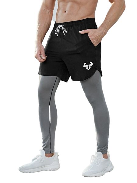 

men letter graphic drawstring waist 2 in 1 sports tights j63j#, Black