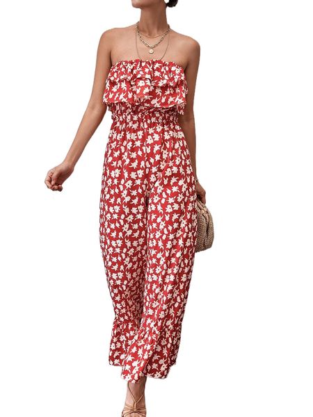 

allover floral print ruffle trim backless knot tube jumpsuit n1zh#, Black;white