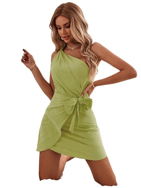 

one shoulder wrap knot side dress m6b4#, Black;gray