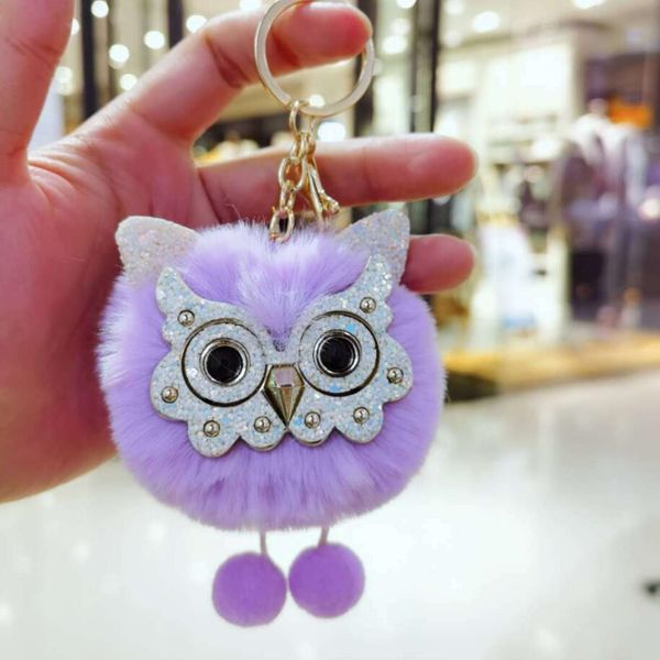 

fashion cute cartoon keychain owl soft pompom animal tail hair ball car keychains ladies car bag accessories key ring mom gift, Silver