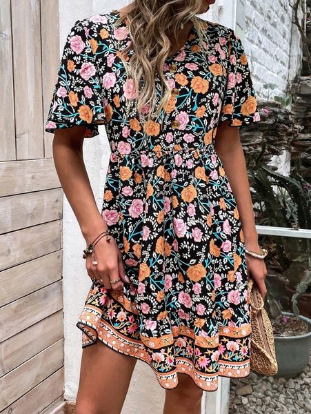 

all over floral print fake button front ruffle hem dress o01m#, Black;gray