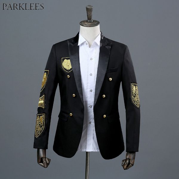 Gold Medaille Stickerei Schwarz SuitBlazer Männer Zweireiher Herren Militär Blazer Jacke Bühne Prom Zeigen Sänger Kostüm Homme Xxl 220409