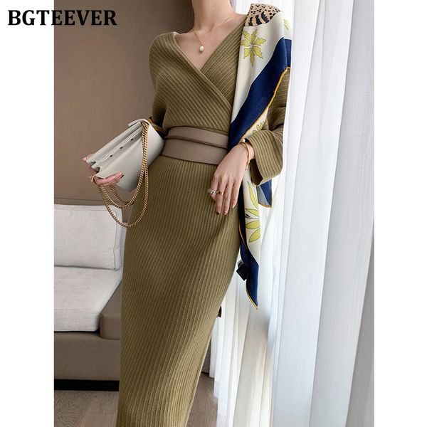 

elegant v-neck bodycon knitted dress for women autumn winter full sleeve slim waist female sweaters dress vestidos 2021, Black;gray